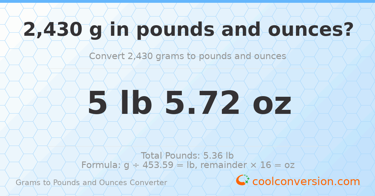 2430 g to lb and oz — 2430 g = 5 lb 5.72 oz
