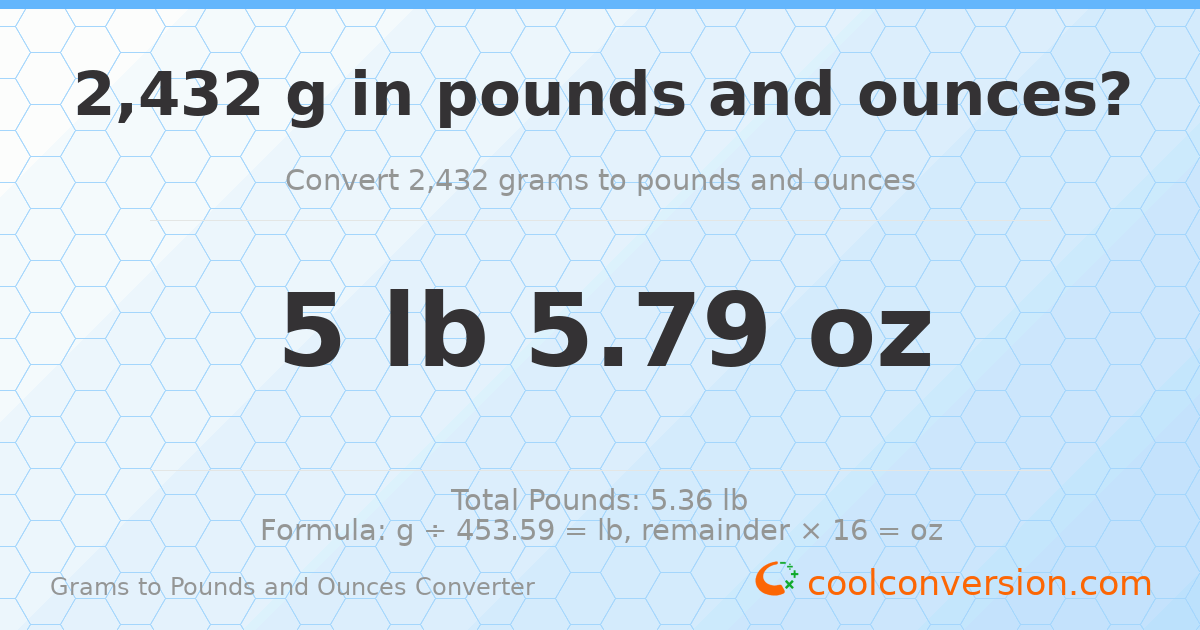 2432 g to lb and oz — 2432 g = 5 lb 5.79 oz