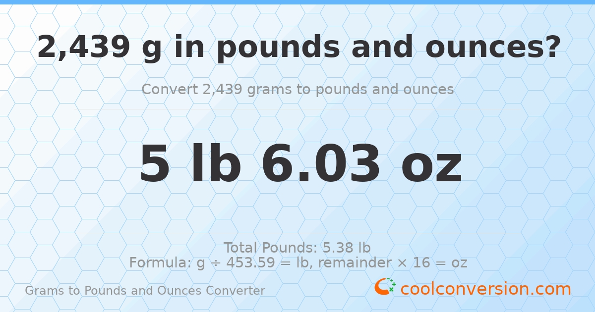 2439 g to lb and oz — 2439 g = 5 lb 6.03 oz