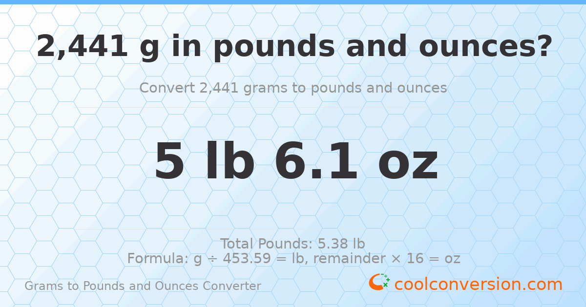 2441 g to lb and oz — 2441 g = 5 lb 6.1 oz