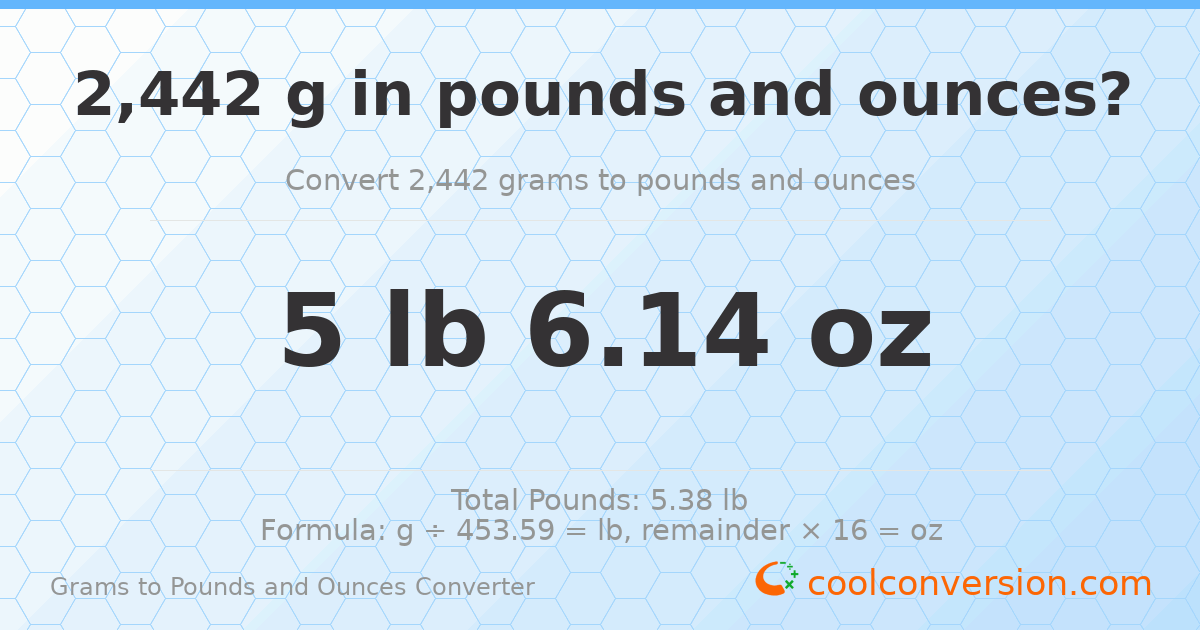 2442 g to lb and oz — 2442 g = 5 lb 6.14 oz