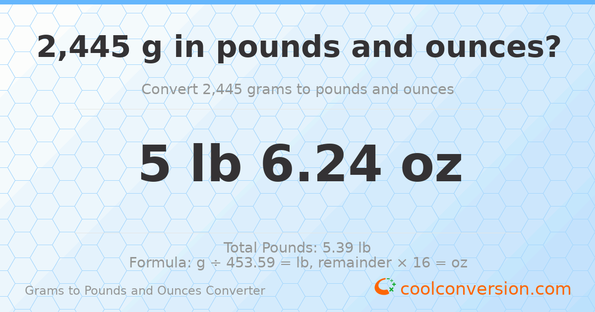 2445 g to lb and oz — 2445 g = 5 lb 6.24 oz