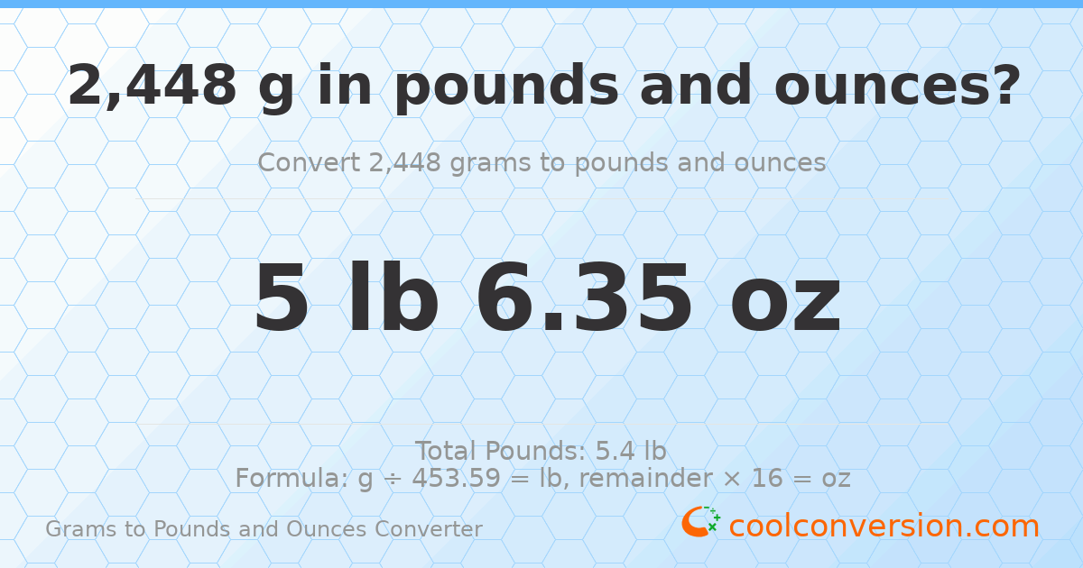 2448 g to lb and oz — 2448 g = 5 lb 6.35 oz