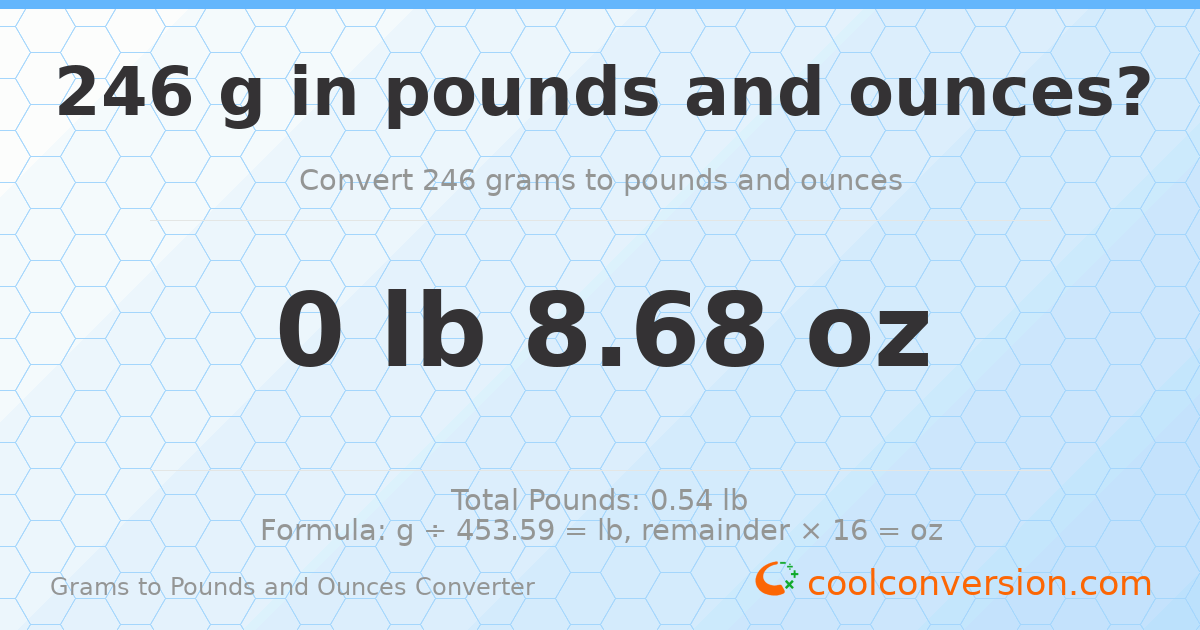 246 g to lb and oz — 246 g = 0 lb 8.68 oz
