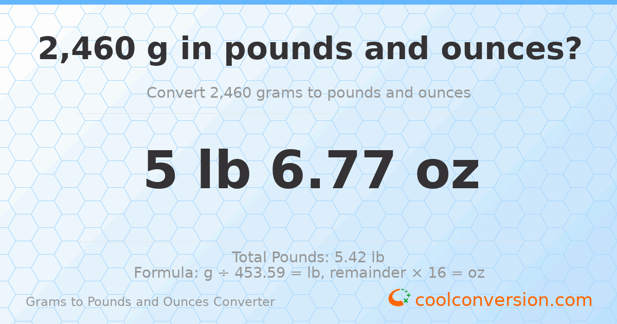 2460 g to lb and oz — 2460 g = 5 lb 6.77 oz