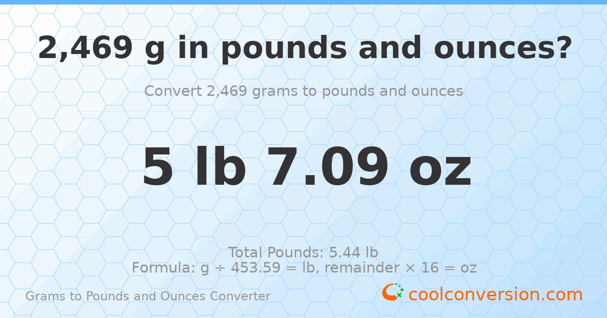 2469 g to lb and oz — 2469 g = 5 lb 7.09 oz