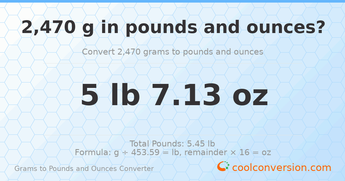 2470 g to lb and oz — 2470 g = 5 lb 7.13 oz
