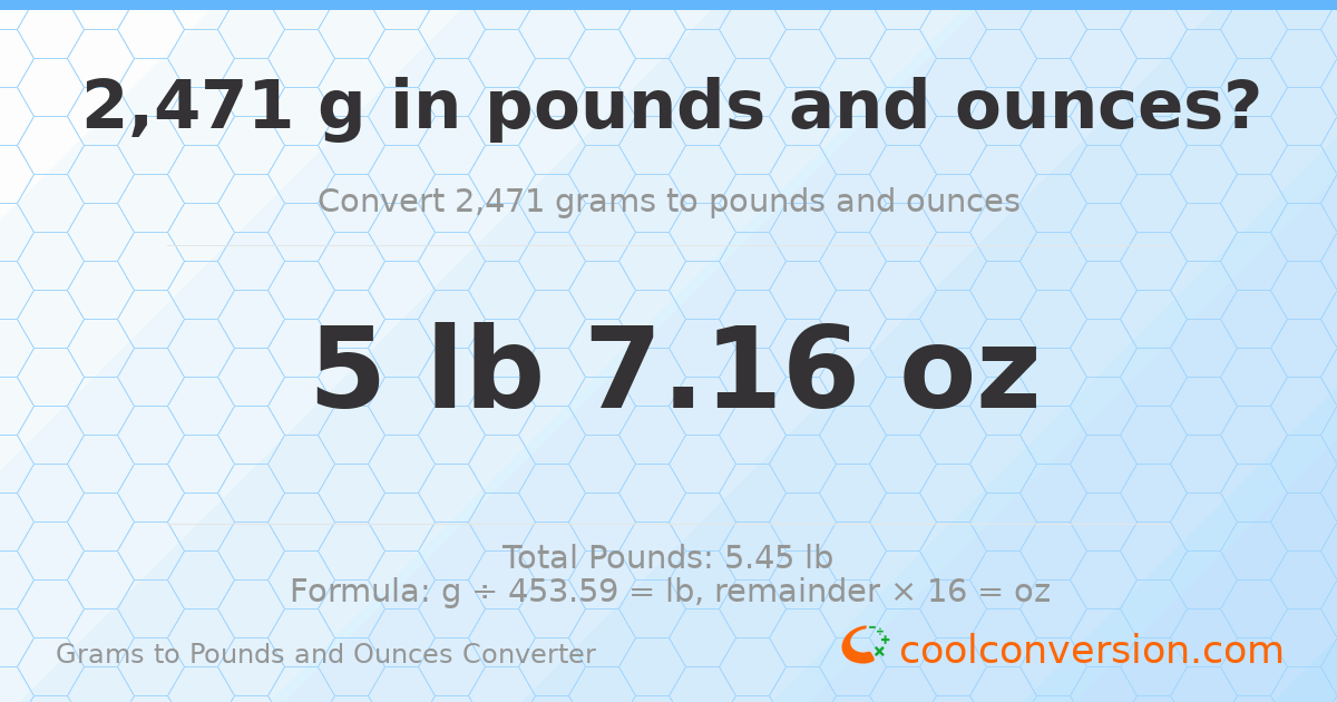2471 g to lb and oz — 2471 g = 5 lb 7.16 oz