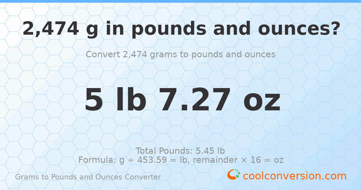 2474 g to lb and oz — 2474 g = 5 lb 7.27 oz