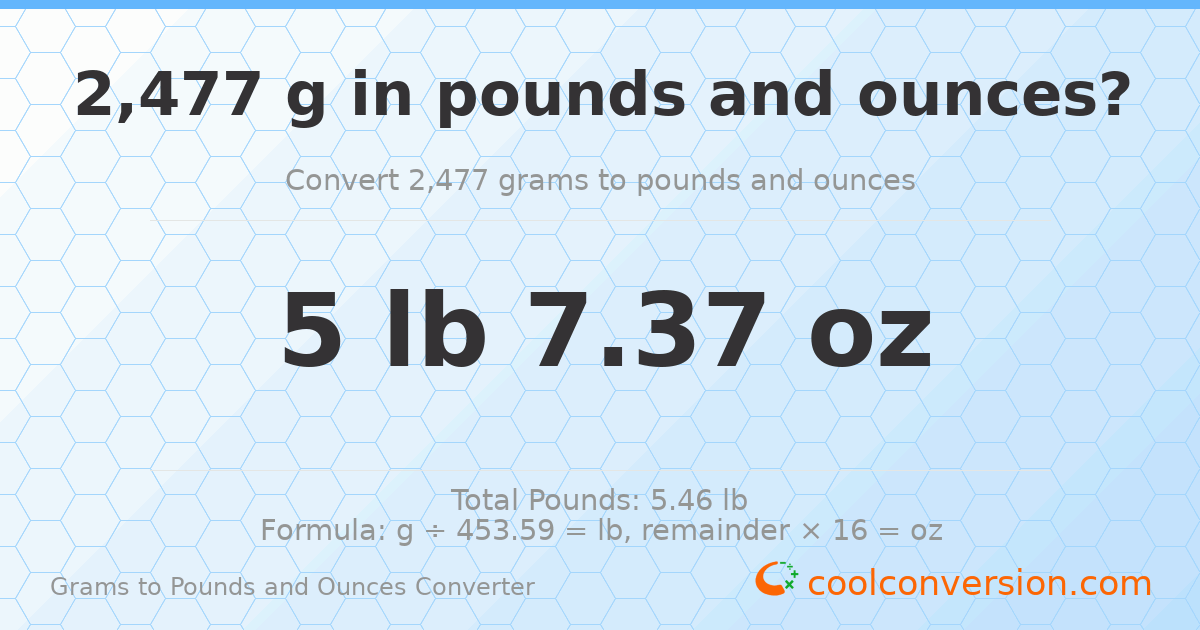 2477 g to lb and oz — 2477 g = 5 lb 7.37 oz