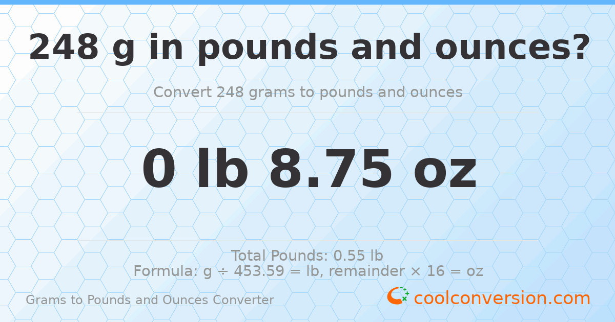 248 g to lb and oz — 248 g = 0 lb 8.75 oz