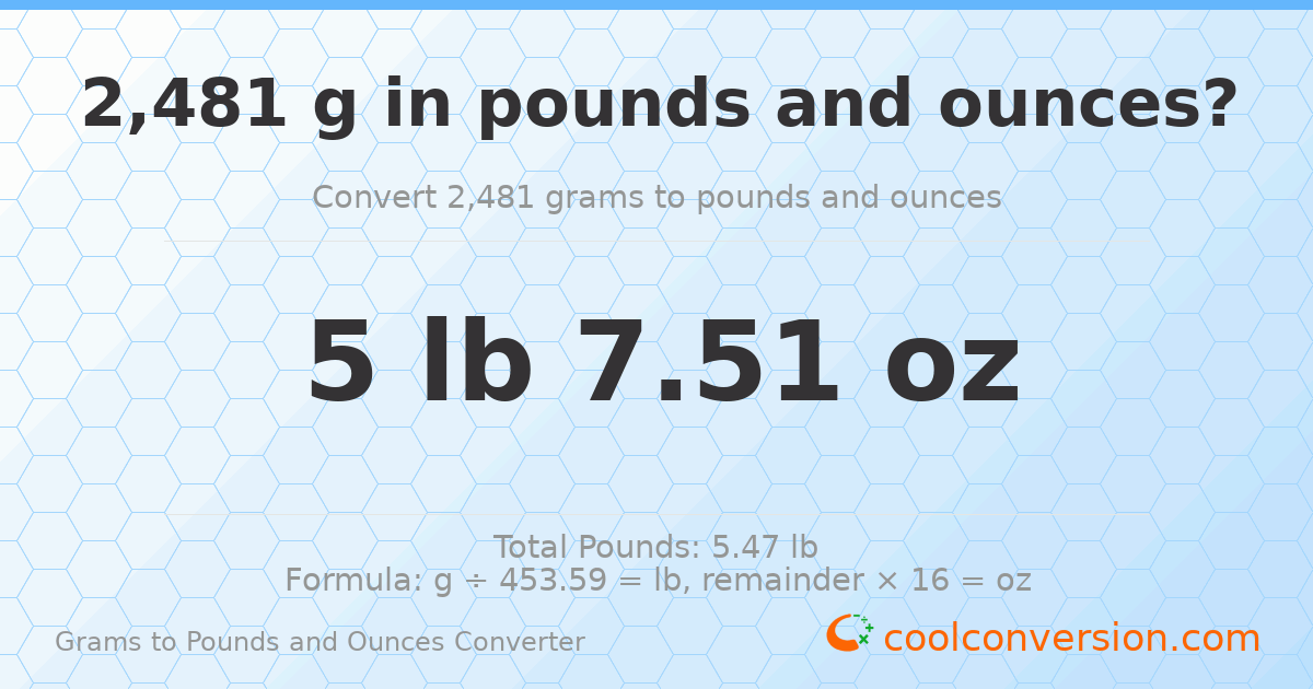 2481 g to lb and oz — 2481 g = 5 lb 7.51 oz