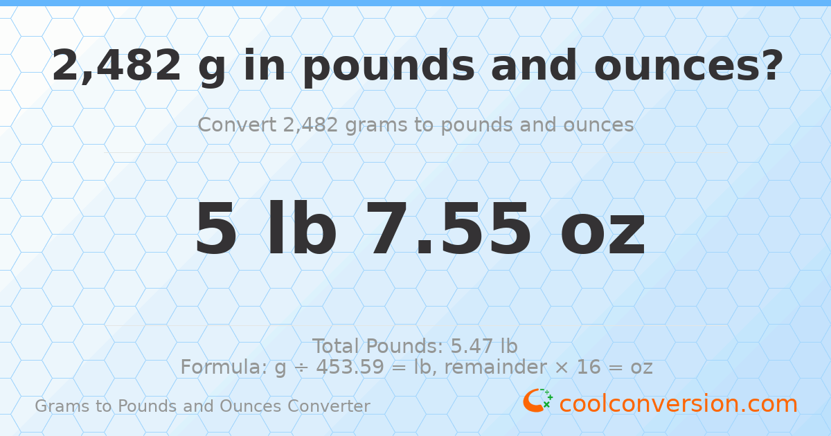 2482 g to lb and oz — 2482 g = 5 lb 7.55 oz