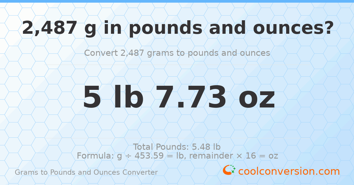 2487 g to lb and oz — 2487 g = 5 lb 7.73 oz