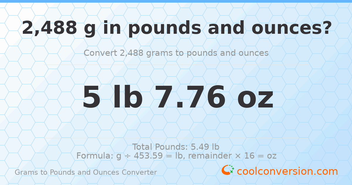 2488 g to lb and oz — 2488 g = 5 lb 7.76 oz