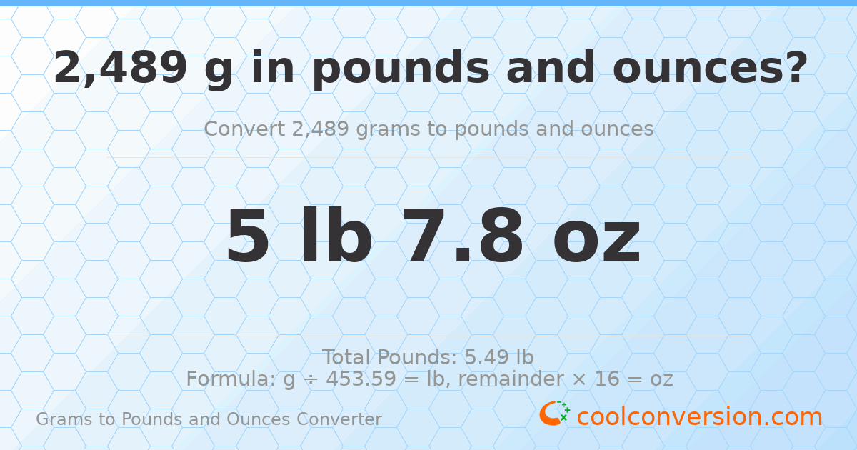 2489 g to lb and oz — 2489 g = 5 lb 7.8 oz