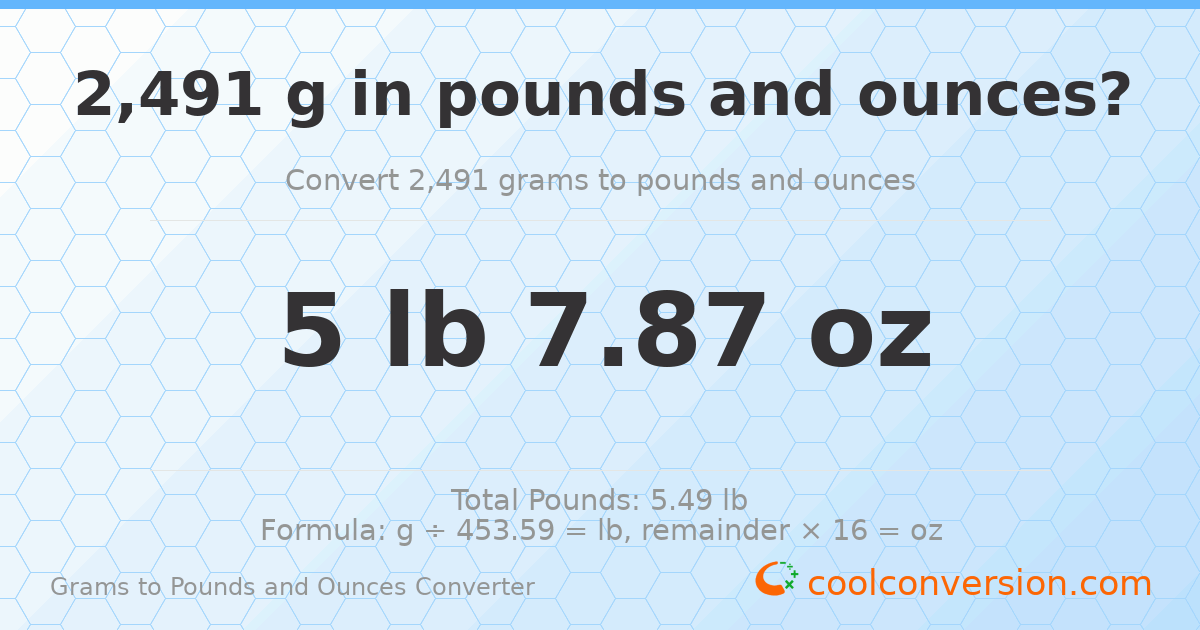 2491 g to lb and oz — 2491 g = 5 lb 7.87 oz