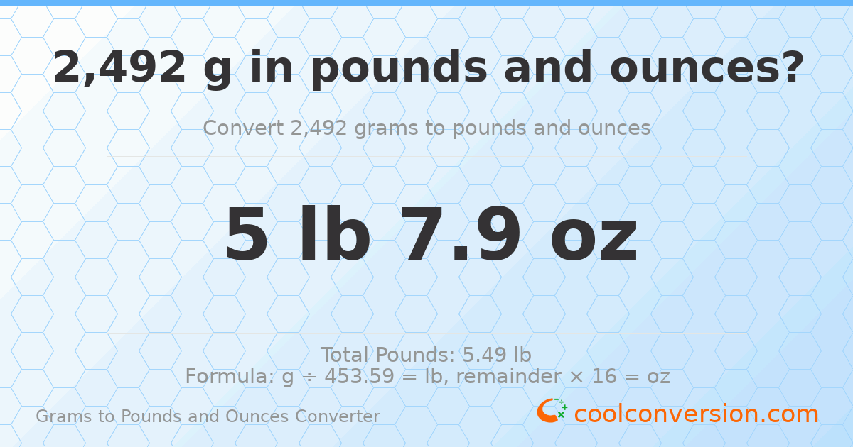 2492 g to lb and oz — 2492 g = 5 lb 7.9 oz