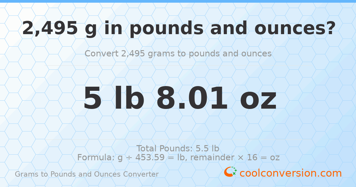 2495 g to lb and oz — 2495 g = 5 lb 8.01 oz