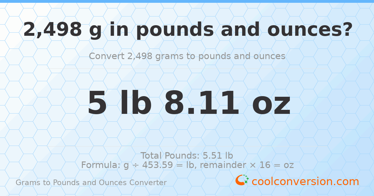 2498 g to lb and oz — 2498 g = 5 lb 8.11 oz