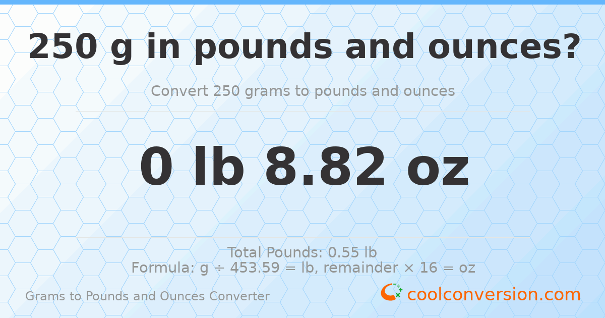 250 g to lb and oz — 250 g = 0 lb 8.82 oz