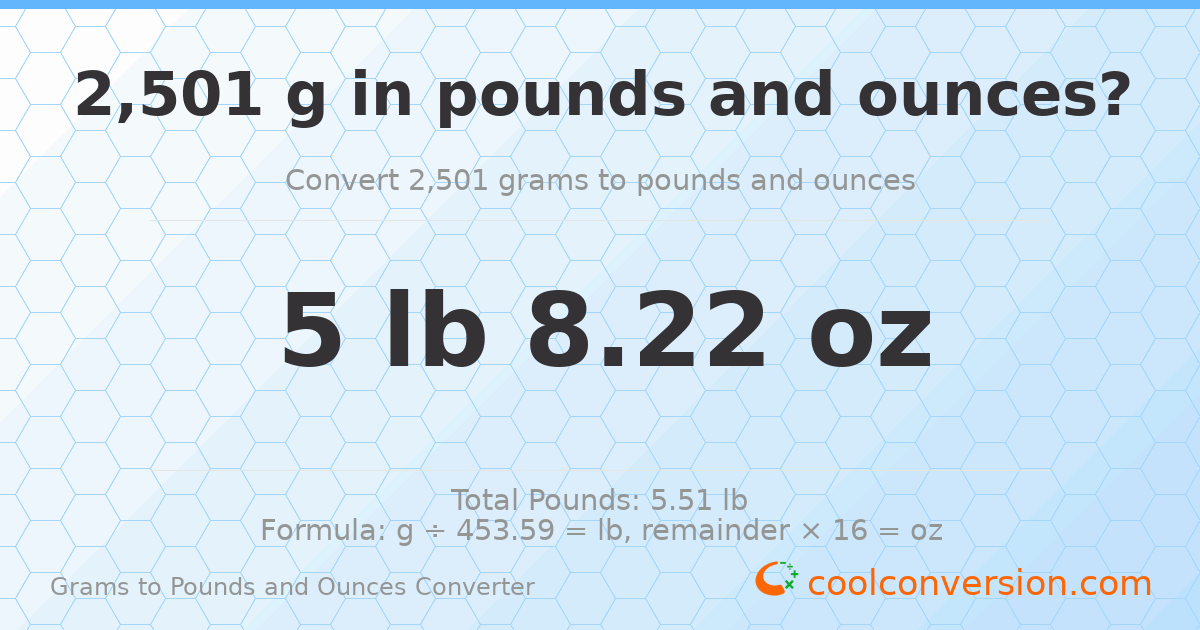 2501 g to lb and oz — 2501 g = 5 lb 8.22 oz