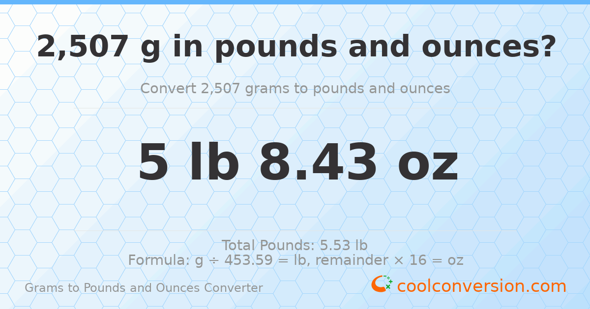 2507 g to lb and oz — 2507 g = 5 lb 8.43 oz