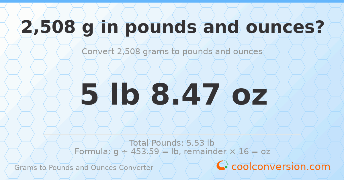 2508 g to lb and oz — 2508 g = 5 lb 8.47 oz