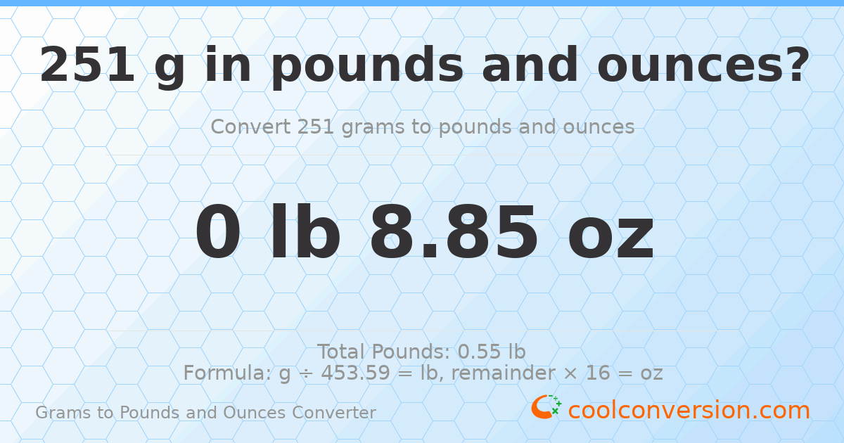 251 g to lb and oz — 251 g = 0 lb 8.85 oz
