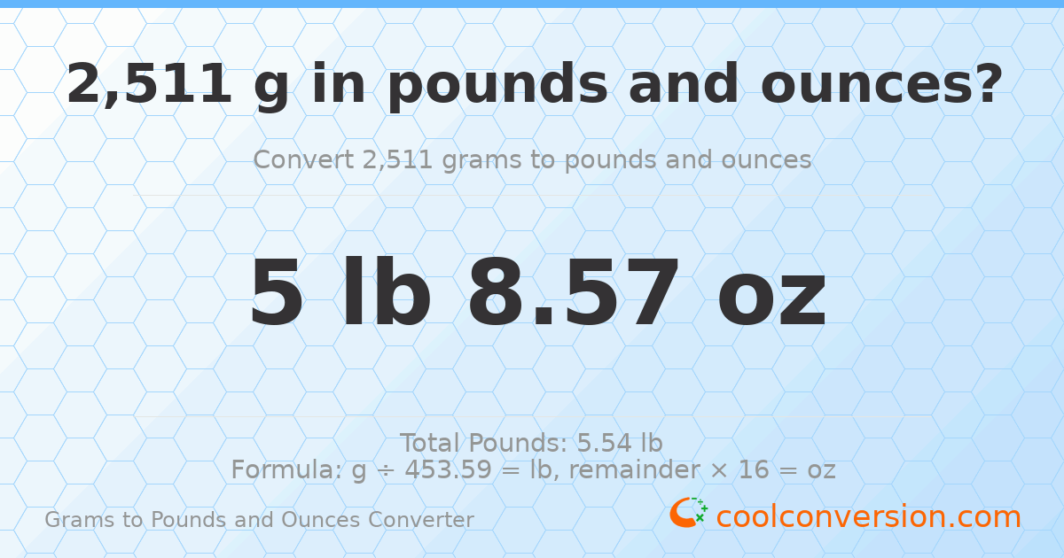 2511 g to lb and oz — 2511 g = 5 lb 8.57 oz