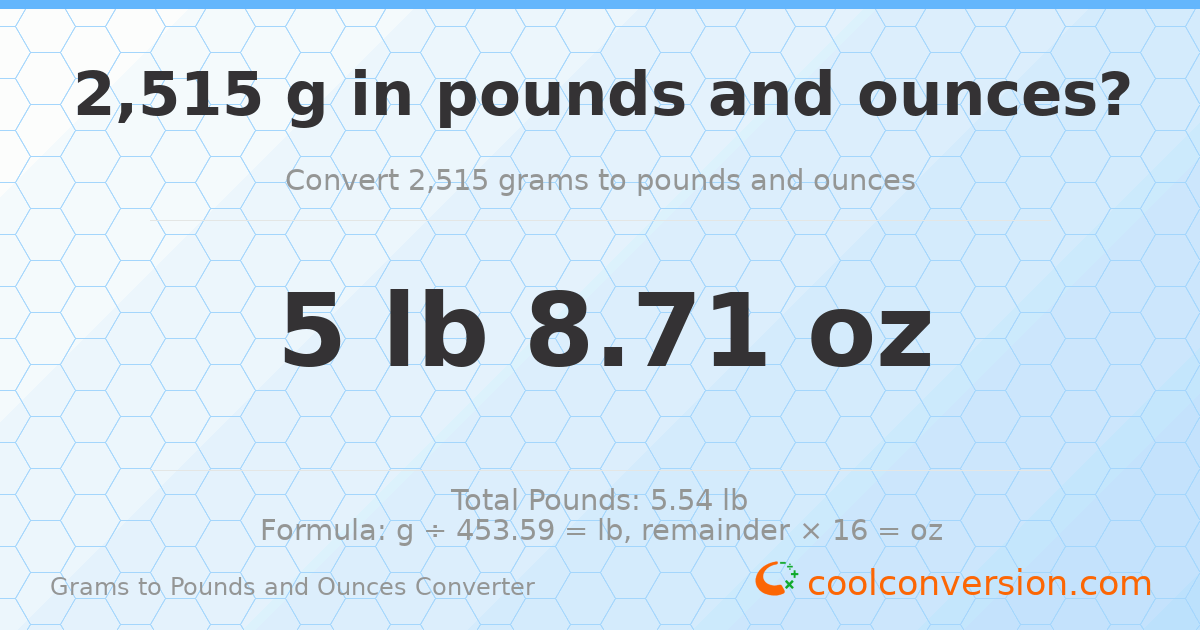 2515 g to lb and oz — 2515 g = 5 lb 8.71 oz