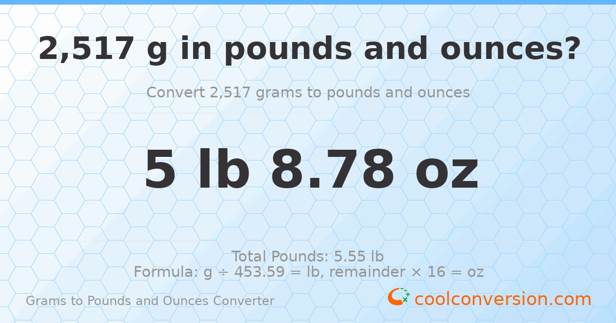 2517 g to lb and oz — 2517 g = 5 lb 8.78 oz
