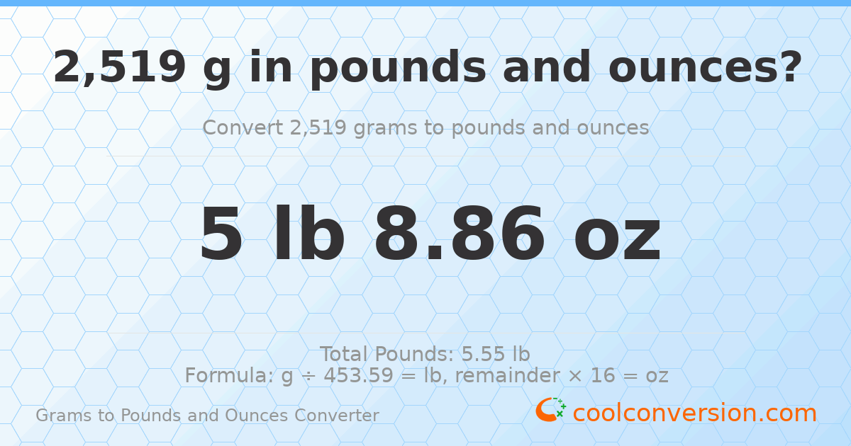 2519 g to lb and oz — 2519 g = 5 lb 8.86 oz