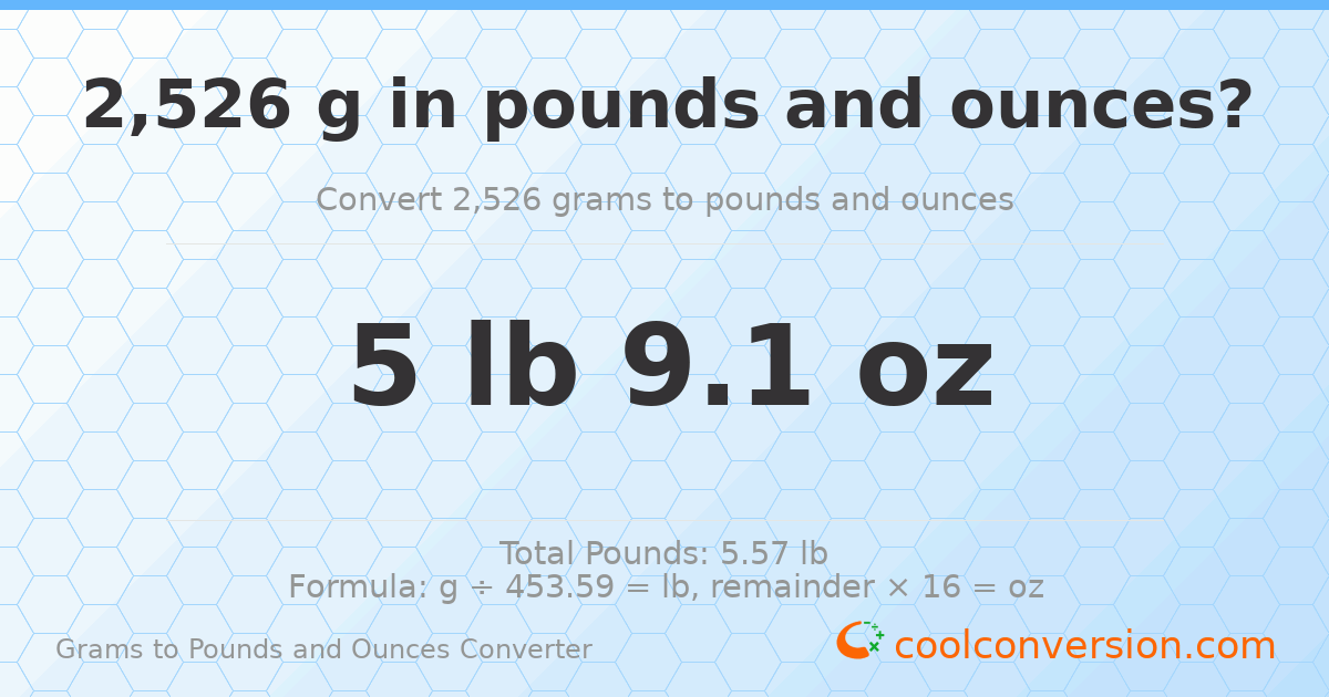 2526 g to lb and oz — 2526 g = 5 lb 9.1 oz