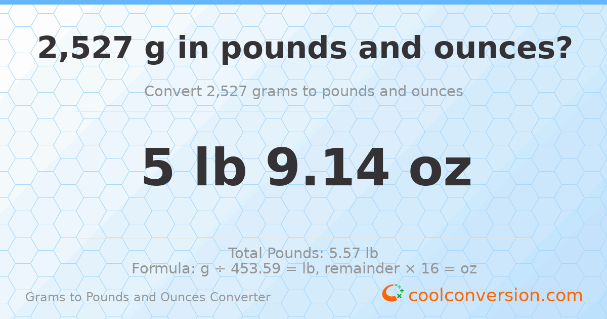 2527 g to lb and oz — 2527 g = 5 lb 9.14 oz