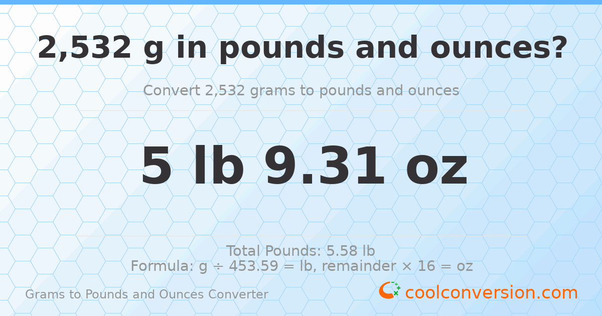 2532 g to lb and oz — 2532 g = 5 lb 9.31 oz