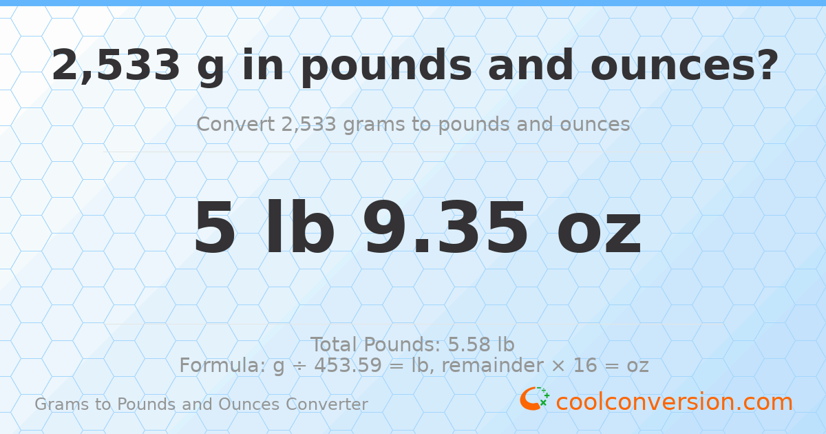 2533 g to lb and oz — 2533 g = 5 lb 9.35 oz
