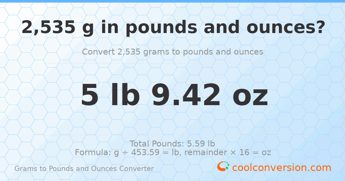 2535 g to lb and oz — 2535 g = 5 lb 9.42 oz