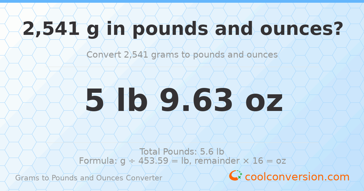 2541 g to lb and oz — 2541 g = 5 lb 9.63 oz