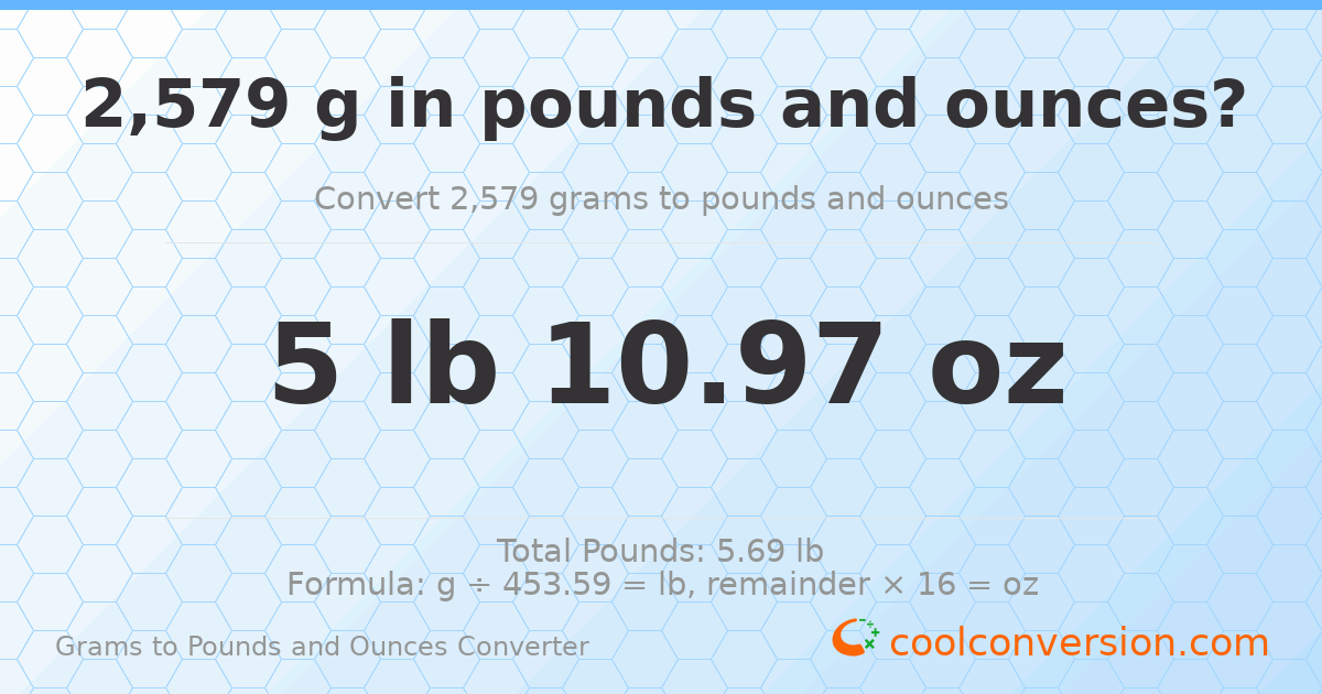 2579 g to lb and oz — 2579 g = 5 lb 10.97 oz