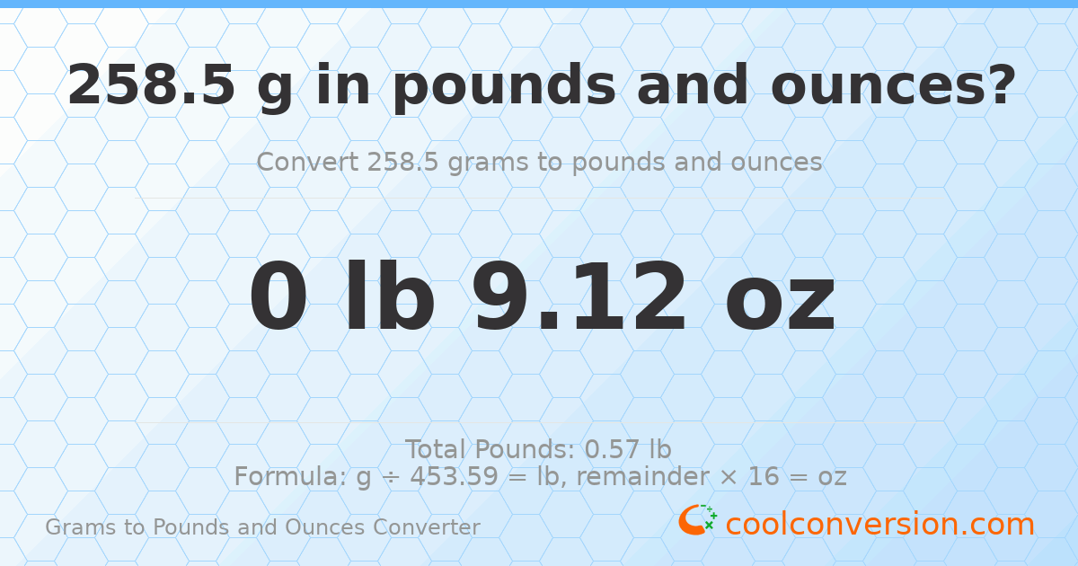 258.5 g to lb and oz — 258.5 g = 0 lb 9.12 oz