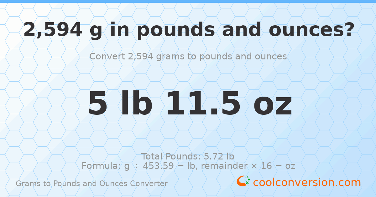 2594 g to lb and oz — 2594 g = 5 lb 11.5 oz