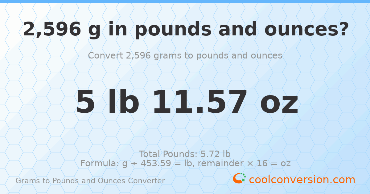 2596 g to lb and oz — 2596 g = 5 lb 11.57 oz