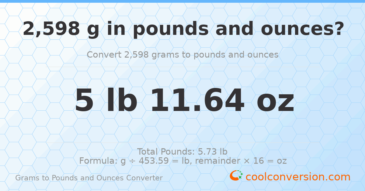 2598 g to lb and oz — 2598 g = 5 lb 11.64 oz