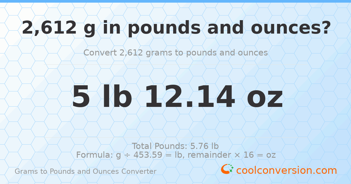 2612 g to lb and oz — 2612 g = 5 lb 12.14 oz