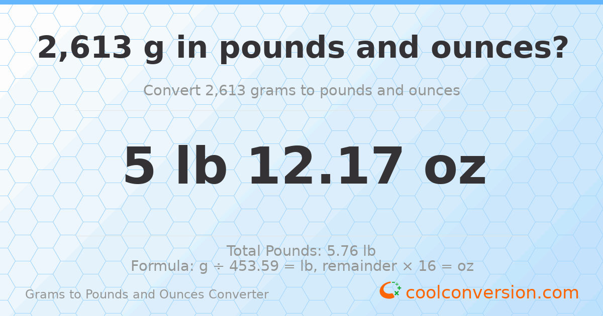2613 g to lb and oz — 2613 g = 5 lb 12.17 oz