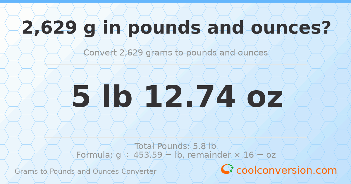 2629 g to lb and oz — 2629 g = 5 lb 12.74 oz