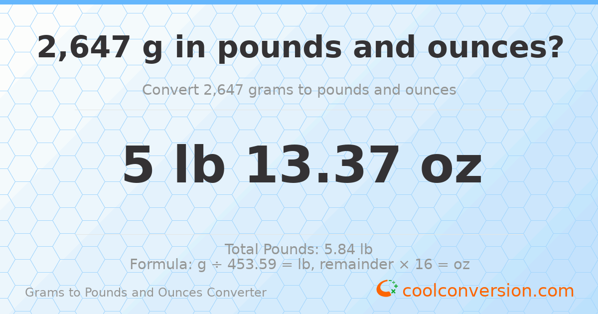 2647 g to lb and oz — 2647 g = 5 lb 13.37 oz