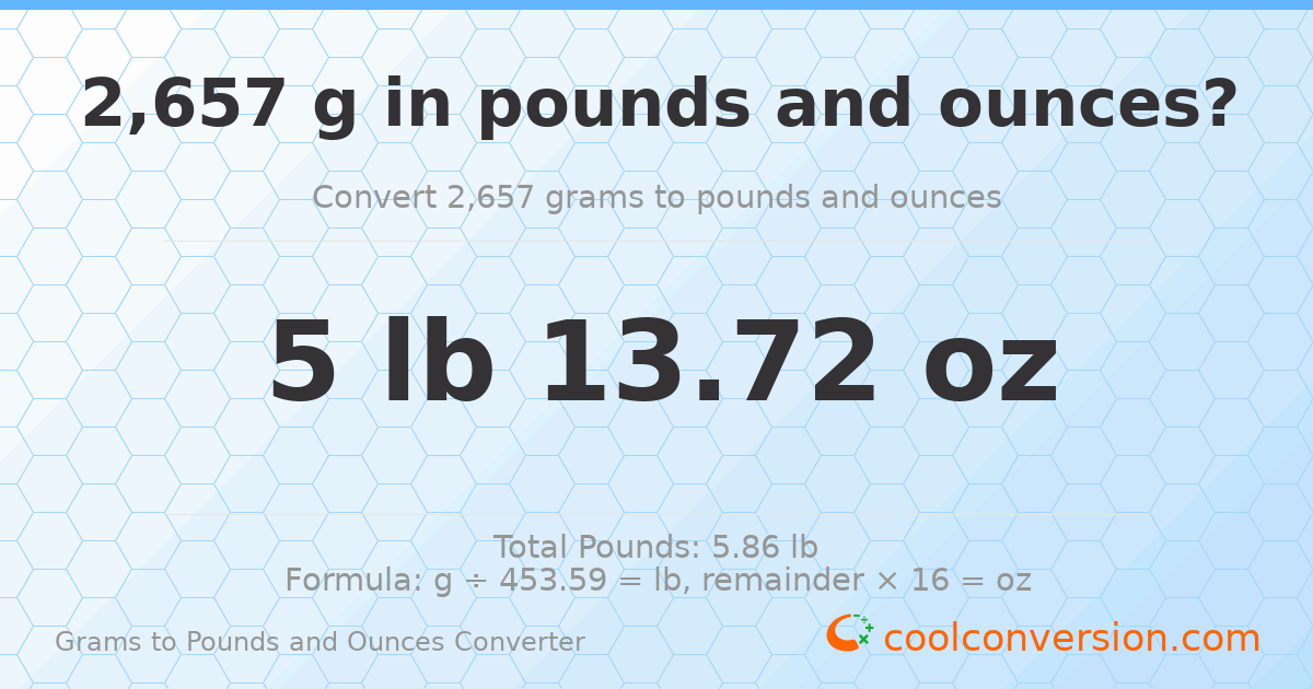 2657 g to lb and oz — 2657 g = 5 lb 13.72 oz