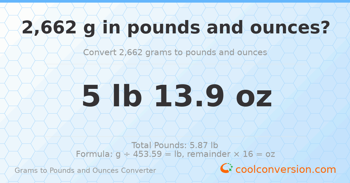 2662 g to lb and oz — 2662 g = 5 lb 13.9 oz